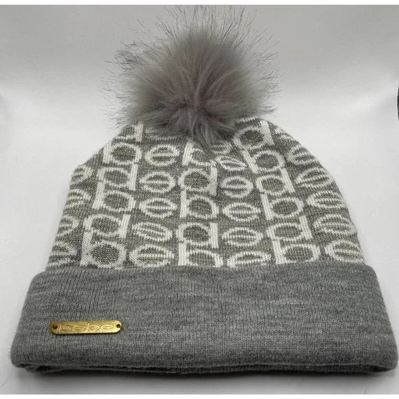 Bebe Logo Gray White Gold Shimmer Scarf & Beanie Knit Faux Fur Pom Pom Set MILLIE_AND_RALPH_250225_64.jpg  main image 2